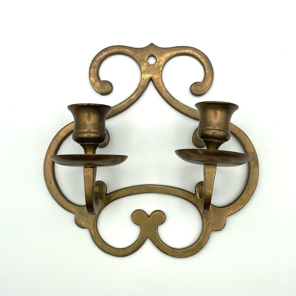 Vintage Brass Double Candle Holder Filigree Wall Hanger Made In India